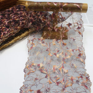 gold foil embellished floral embroidery lace for evening dresses, 22cm width