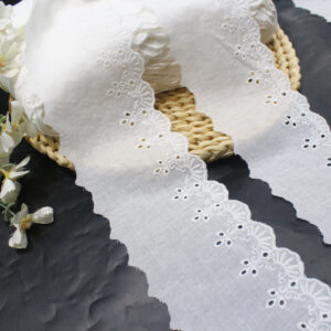 white cotton eyelet lace trim with floral & scroll embroidery, scalloped edge, 8 cm width