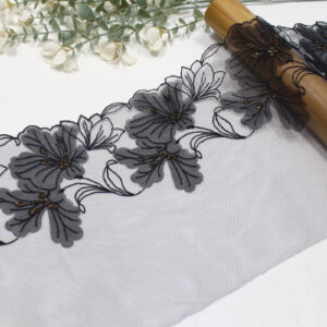 appliqué lace trim manufacturer – 20.5cm black floral tulle lace for dress & lingerie