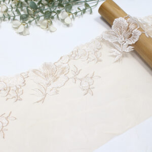 white floral embroidered tulle lace trim with gold metallic accents – 19cm nude mesh lace
