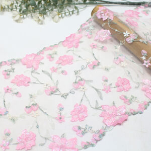 25cm strawberry lace trim manufacturer – pink floral embroidered white tulle lace for dress & accessories