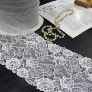 white floral lace trim, rose embroidery mesh lace, non stretch, scalloped edge, 15.5 cm wide