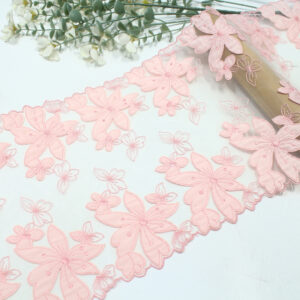 pink sakura appliqué embroidery tulle lace trim – 23cm wide